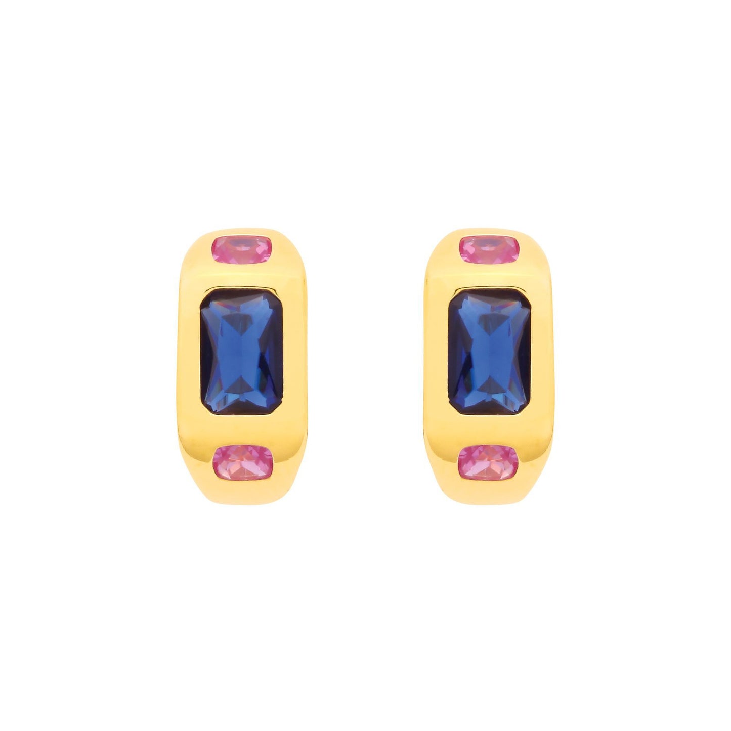 Gold-plated Silver  Blue Pink Cushion CZ Bold Sunken Hoop Earrings - EAG1341