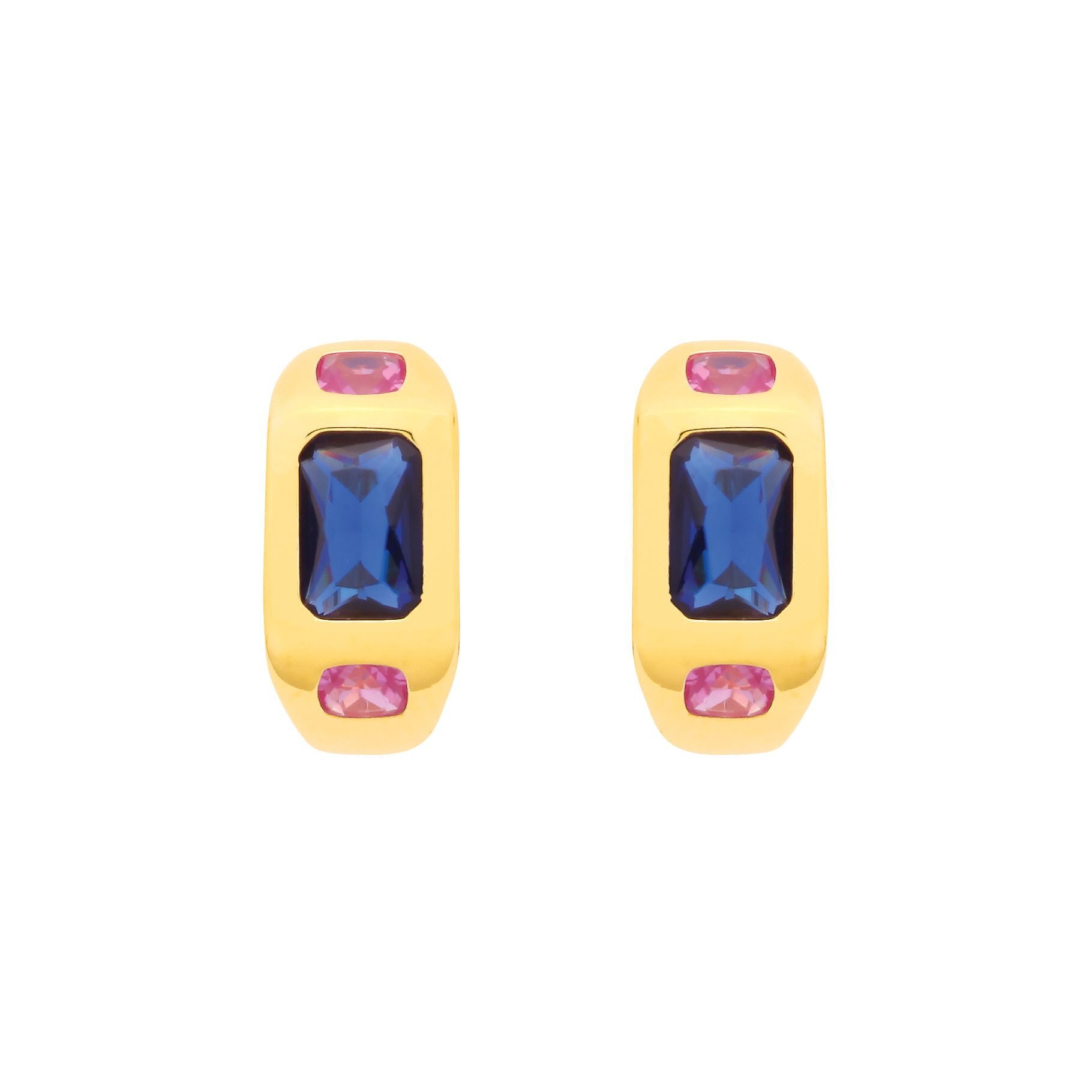 Gold-plated Silver  Blue Pink Cushion CZ Bold Sunken Hoop Earrings - EAG1341