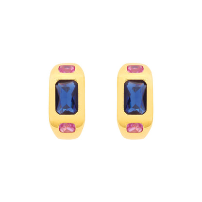Gold-plated Silver  Blue Pink Cushion CZ Bold Sunken Hoop Earrings - EAG1341