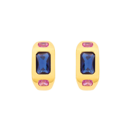 Gold-plated Silver  Blue Pink Cushion CZ Bold Sunken Hoop Earrings - EAG1341