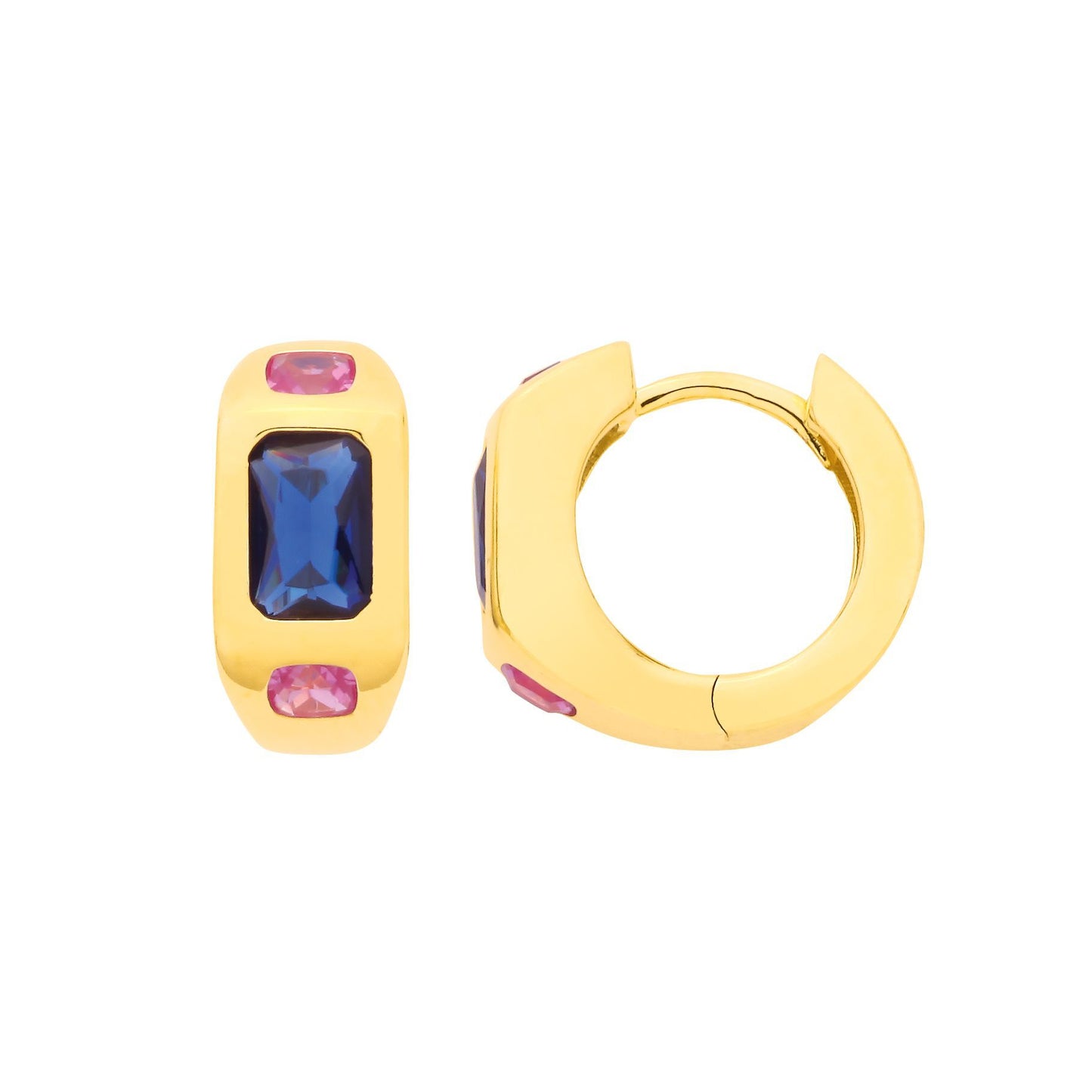 Gold-plated Silver  Blue Pink Cushion CZ Bold Sunken Hoop Earrings - EAG1341
