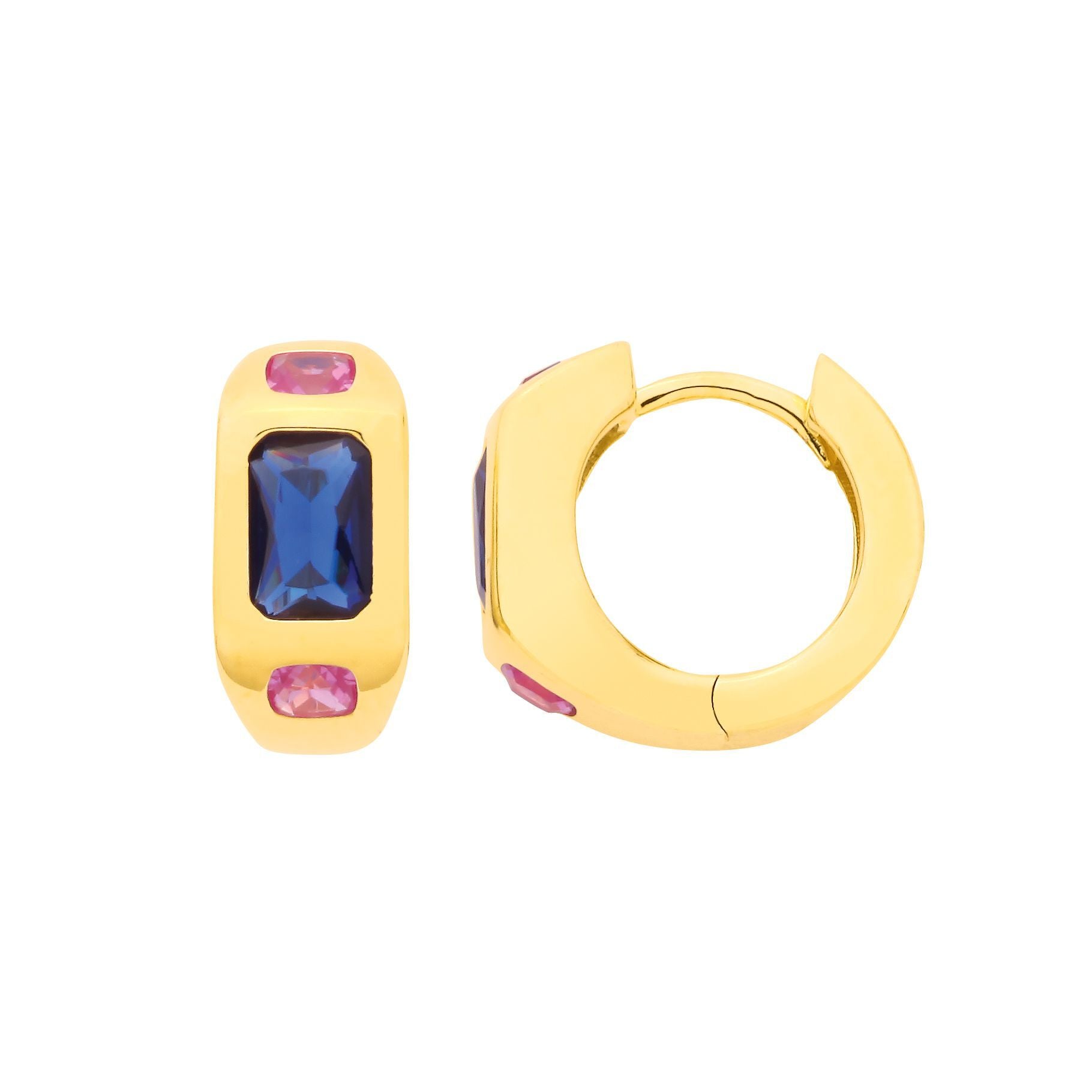 Gold-plated Silver  Blue Pink Cushion CZ Bold Sunken Hoop Earrings - EAG1341