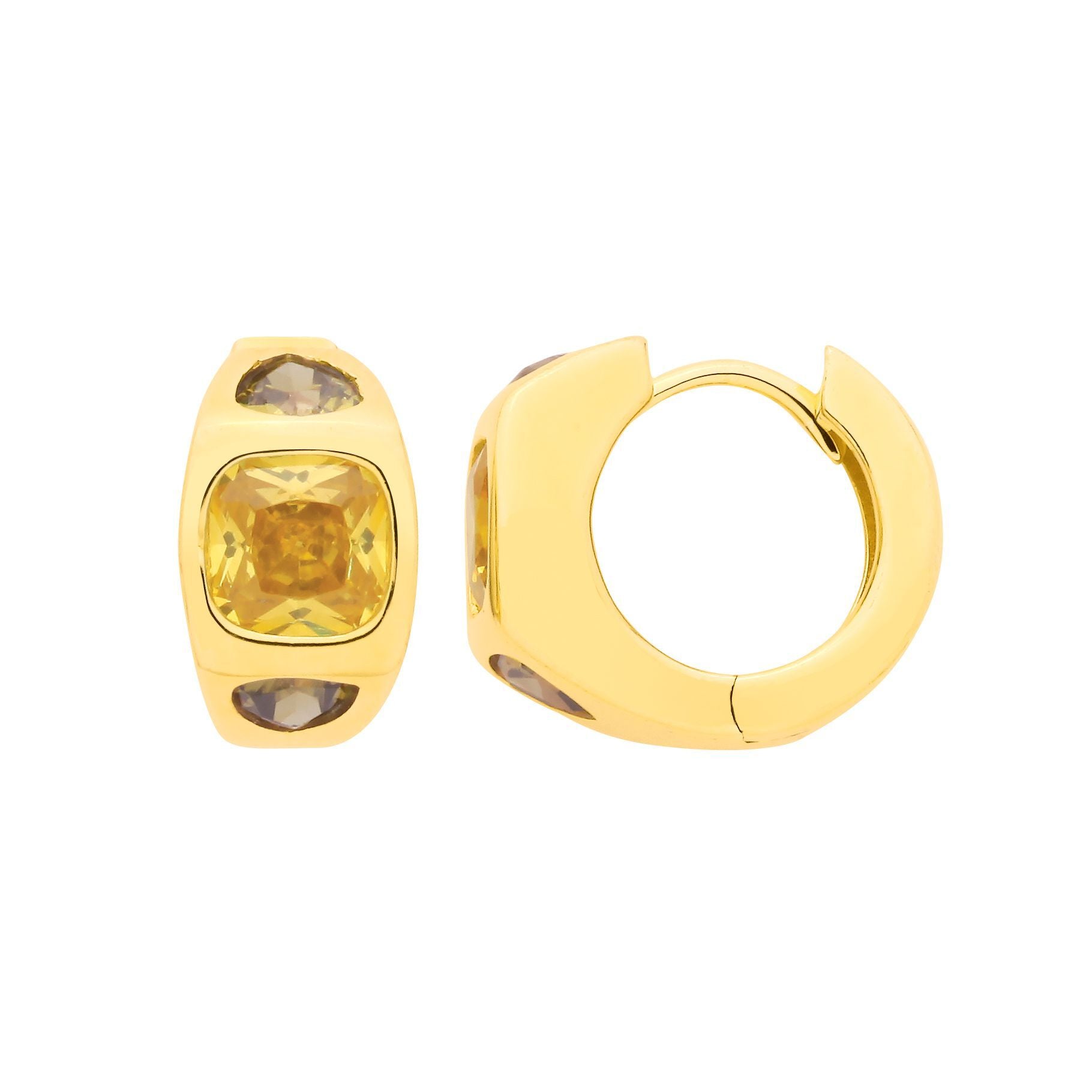 Gold-plated Silver  Yellow Cushion CZ Sunken Hoop Earrings - EAG1342