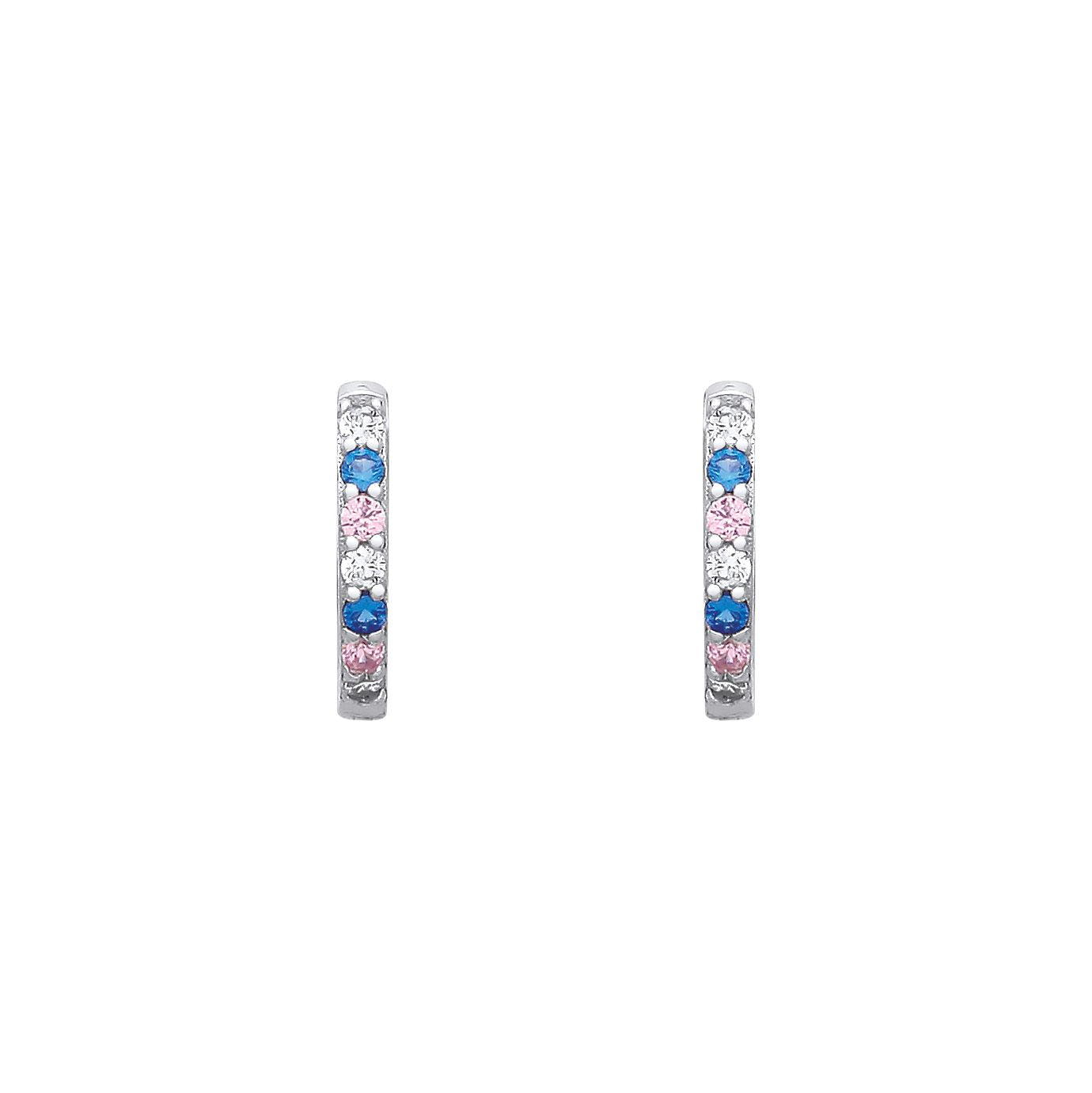 Sterling Silver CZ, Pink & Sapphire Huggie Earrings - EAG1343