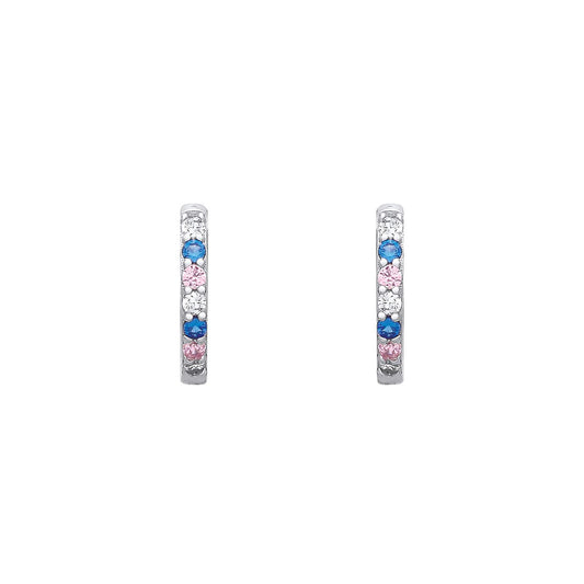 Sterling Silver CZ, Pink & Sapphire Huggie Earrings - EAG1343