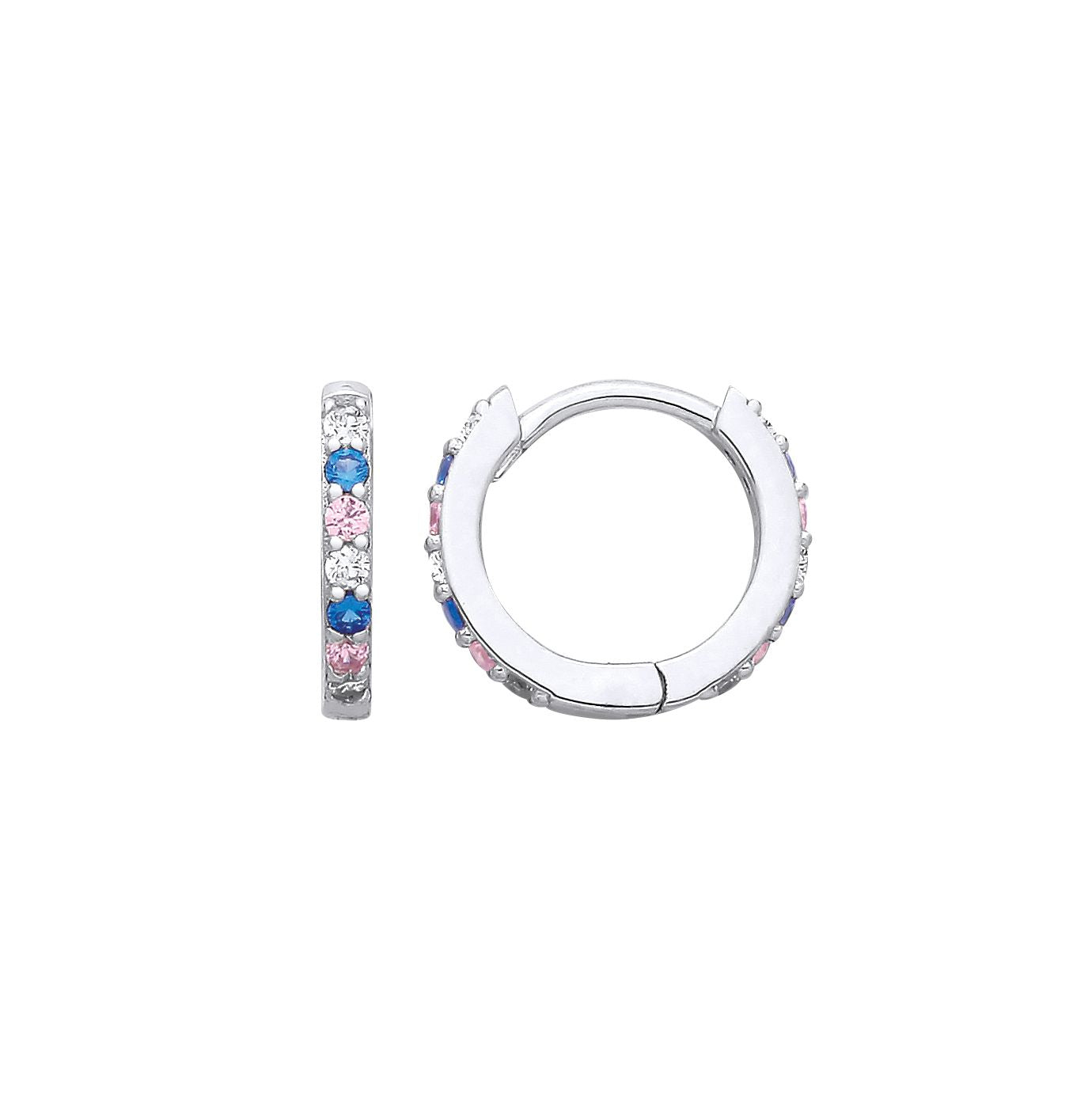 Sterling Silver CZ, Pink & Sapphire Huggie Earrings - EAG1343