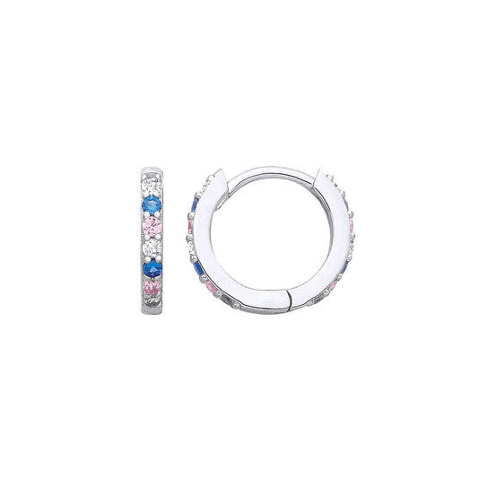 Sterling Silver CZ, Pink & Sapphire Huggie Earrings - EAG1343