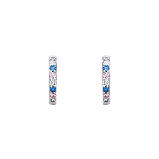 Silver  Blue Pink CZ Royal Princess Eternity Huggie Hoop Earrings - EAG1343