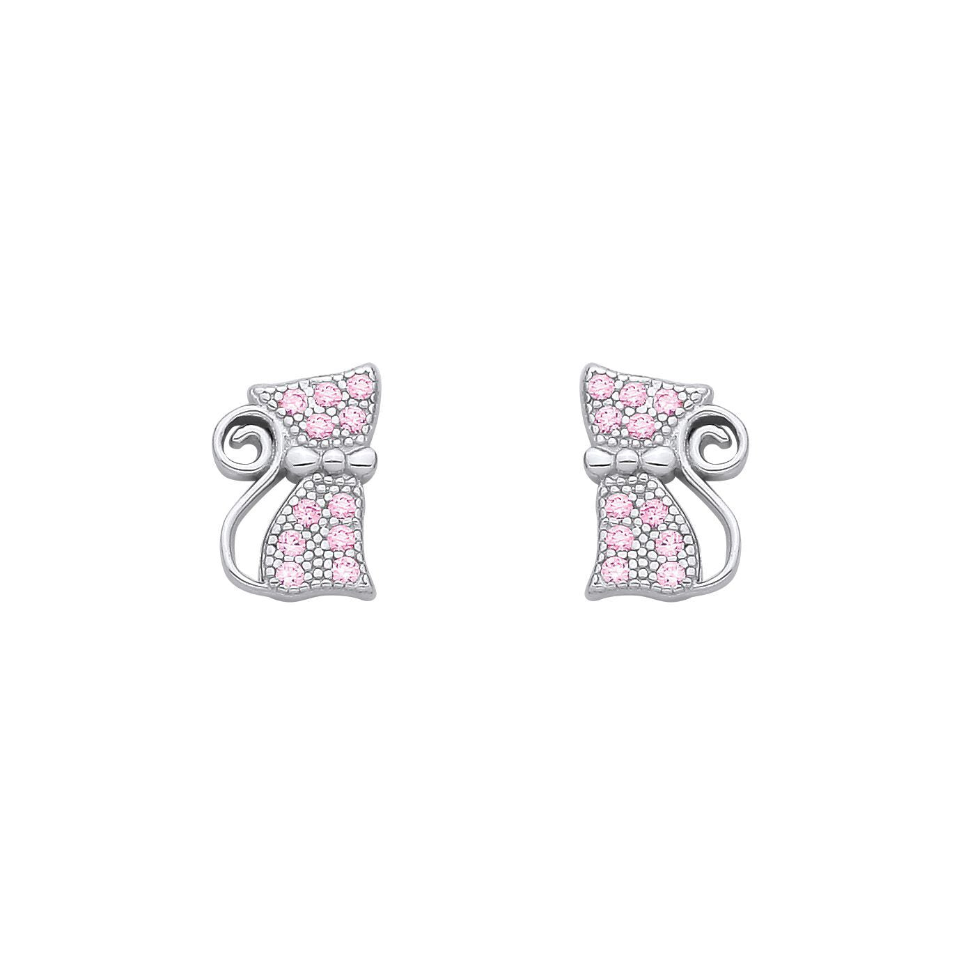 Silver  Pink CZ Kitty Kat Bowtie Curly Tail Cat Stud Earrings - EAG1346