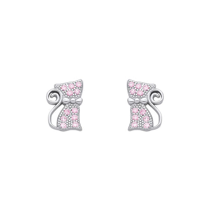 Silver  Pink CZ Kitty Kat Bowtie Curly Tail Cat Stud Earrings - EAG1346