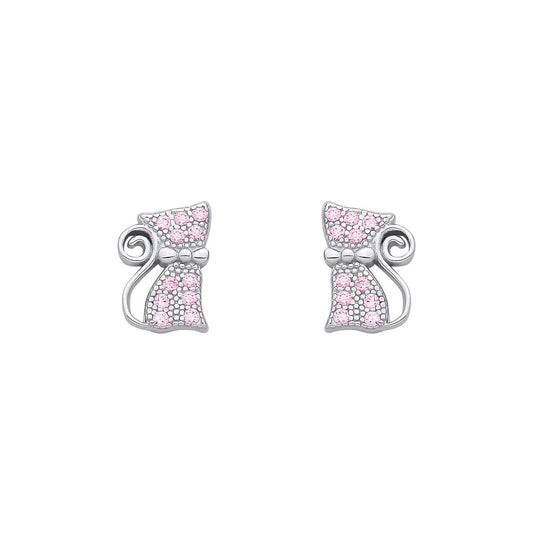 Silver  Pink CZ Kitty Kat Bowtie Curly Tail Cat Stud Earrings - EAG1346
