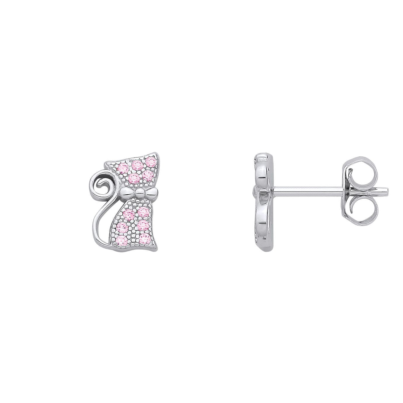 Silver  Pink CZ Kitty Kat Bowtie Curly Tail Cat Stud Earrings - EAG1346