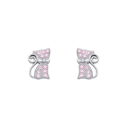 Sterling Silver Pink CZ Cat Stud Earrings - EAG1346