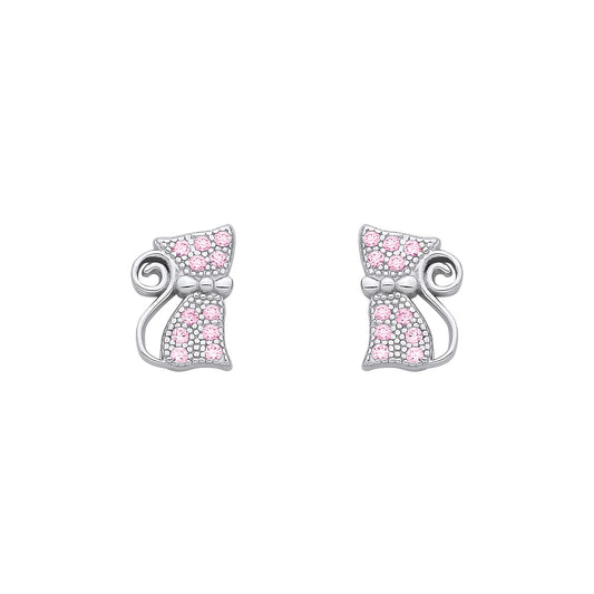 Sterling Silver Pink CZ Cat Stud Earrings - EAG1346