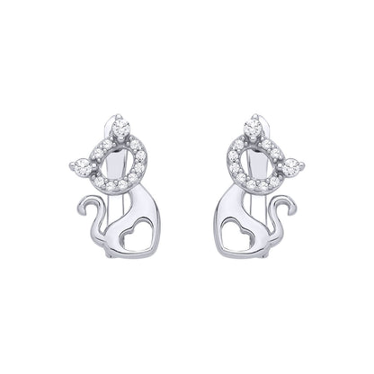 Sterling Silver CZ Cutout Cat Stud Earrings - EAG1347
