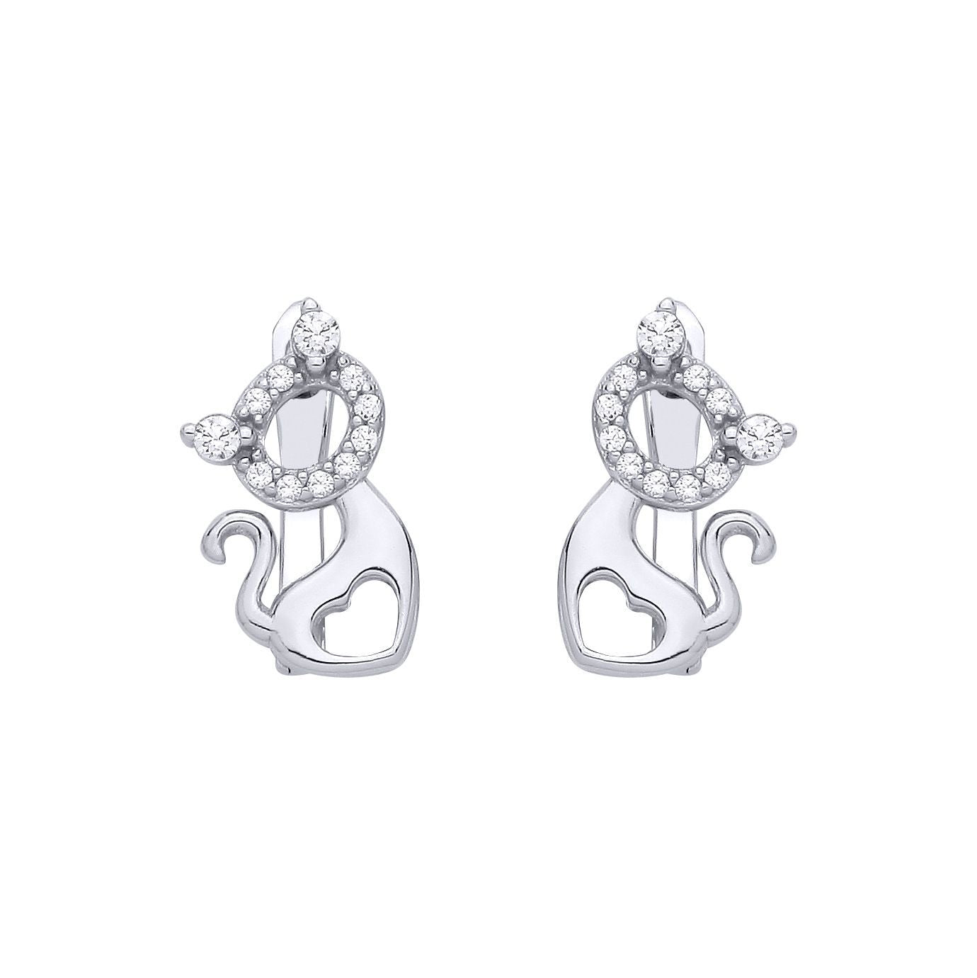 Silver  CZ Love Heart Kitty Kat Halo Cat Silhouette Drop Earrings - EAG1347