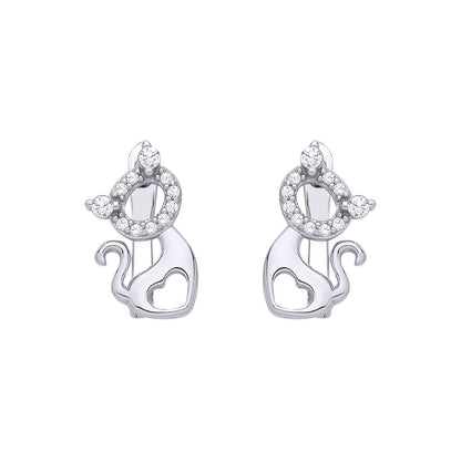Silver  CZ Love Heart Kitty Kat Halo Cat Silhouette Drop Earrings - EAG1347