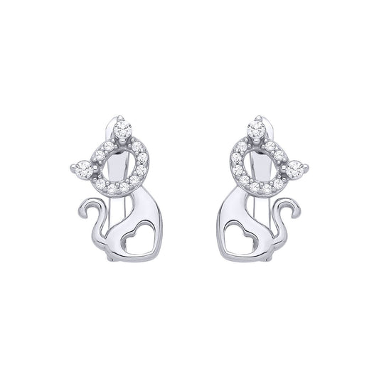 Silver  CZ Love Heart Kitty Kat Halo Cat Silhouette Drop Earrings - EAG1347