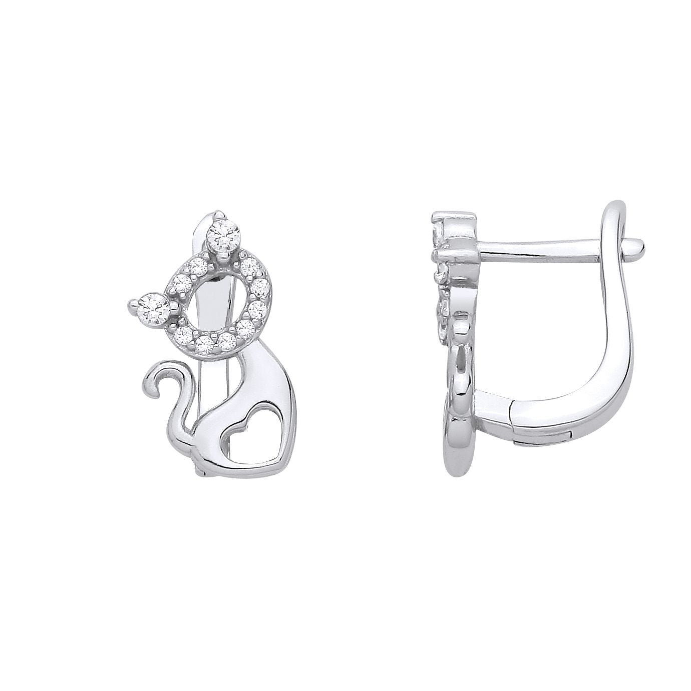 Silver  CZ Love Heart Kitty Kat Halo Cat Silhouette Drop Earrings - EAG1347