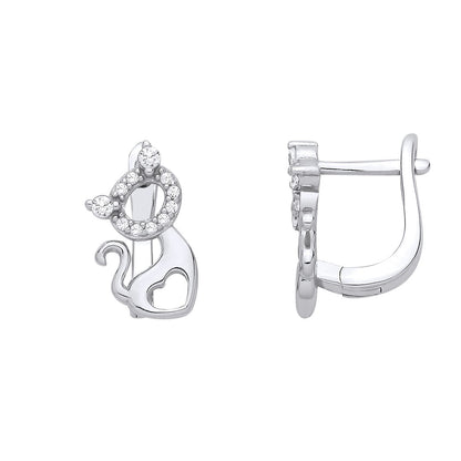 Silver  CZ Love Heart Kitty Kat Halo Cat Silhouette Drop Earrings - EAG1347