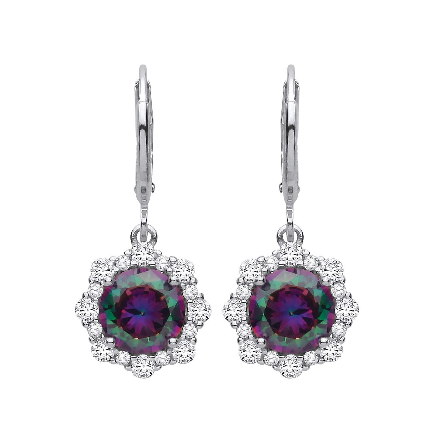 Silver  Rainbow Topaz & CZ Scalloped Halo Peacock Drop Earrings - EAG1350