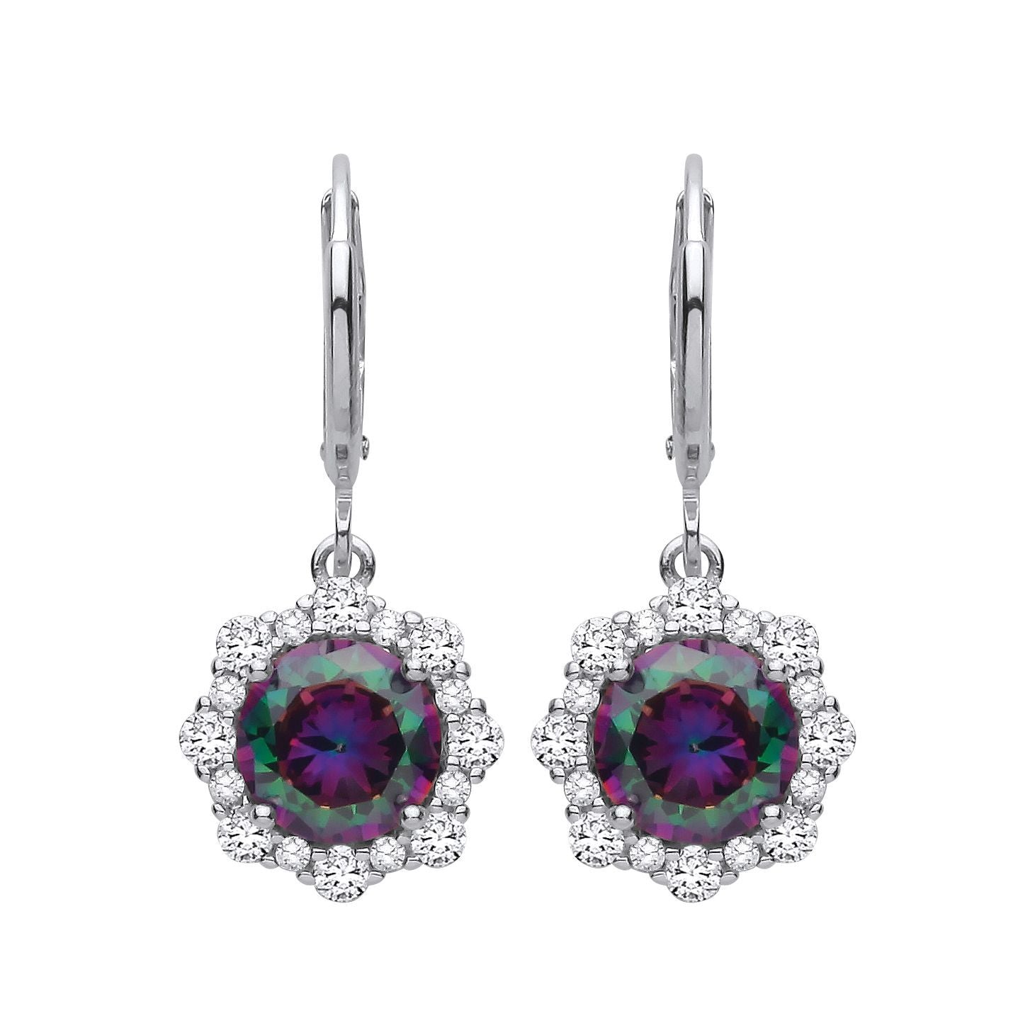 Silver  Rainbow Topaz & CZ Scalloped Halo Peacock Drop Earrings - EAG1350