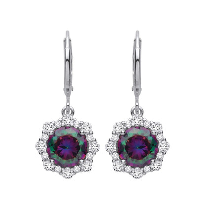 Silver  Rainbow Topaz & CZ Scalloped Halo Peacock Drop Earrings - EAG1350