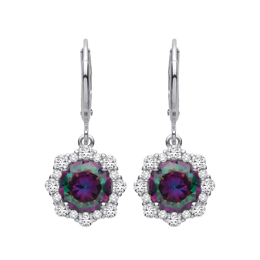 Silver  Rainbow Topaz & CZ Scalloped Halo Peacock Drop Earrings - EAG1350