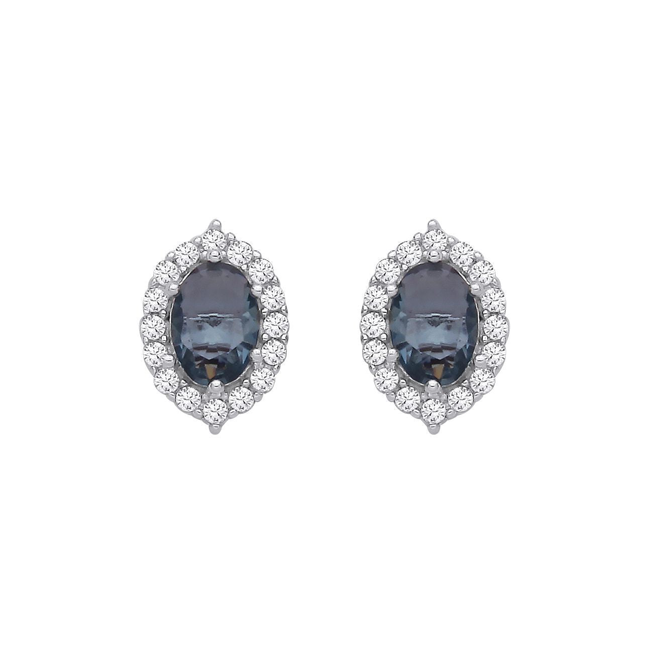 Silver  Blue Oval Topaz & CZ Citron Halo Solitaire Stud Earrings - EAG1351