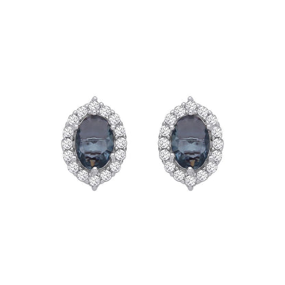 Silver  Blue Oval Topaz & CZ Citron Halo Solitaire Stud Earrings - EAG1351