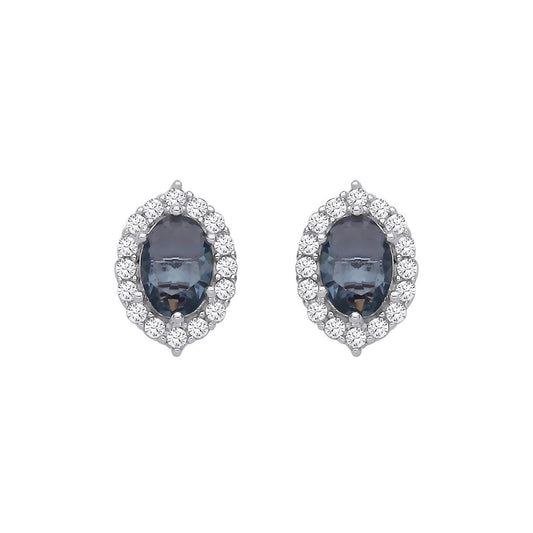 Silver  Blue Oval Topaz & CZ Citron Halo Solitaire Stud Earrings - EAG1351