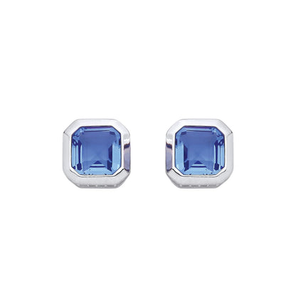 Silver  Blue CZ Octagonal Halo Hidden Side Stones Stud Earrings - EAG1352