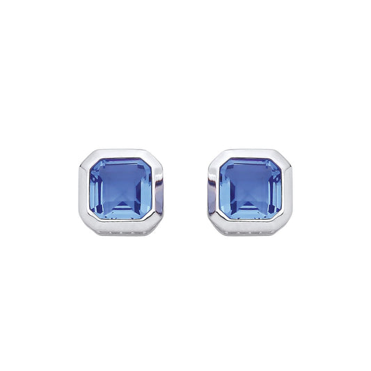 Sterling Silver CZ Blue Tourmaline Square Stud Earrings - EAG1352