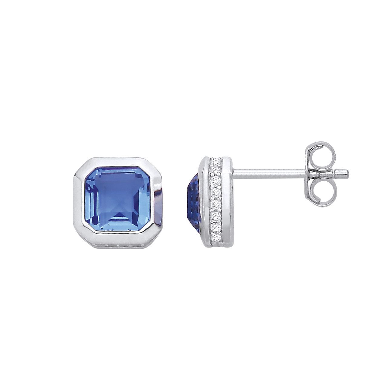 Silver  Blue CZ Octagonal Halo Hidden Side Stones Stud Earrings - EAG1352