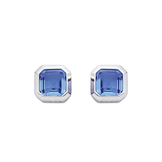 Silver  Blue CZ Octagonal Halo Hidden Side Stones Stud Earrings - EAG1352