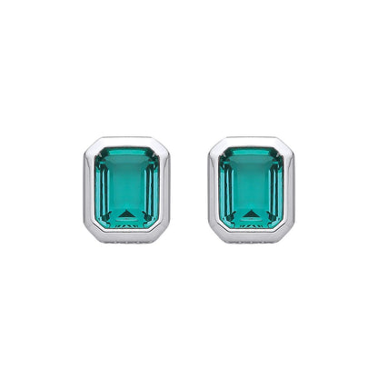 Silver  Green CZ Octagonal Halo Hidden Side Stones Drop Earrings - EAG1353