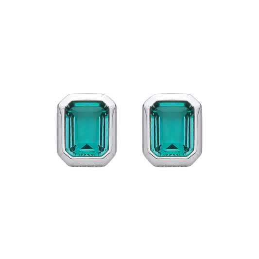 Silver  Green CZ Octagonal Halo Hidden Side Stones Drop Earrings - EAG1353