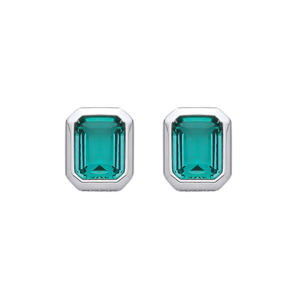 Sterling Silver CZ & Emerald Bezel Stud Earrings - EAG1353