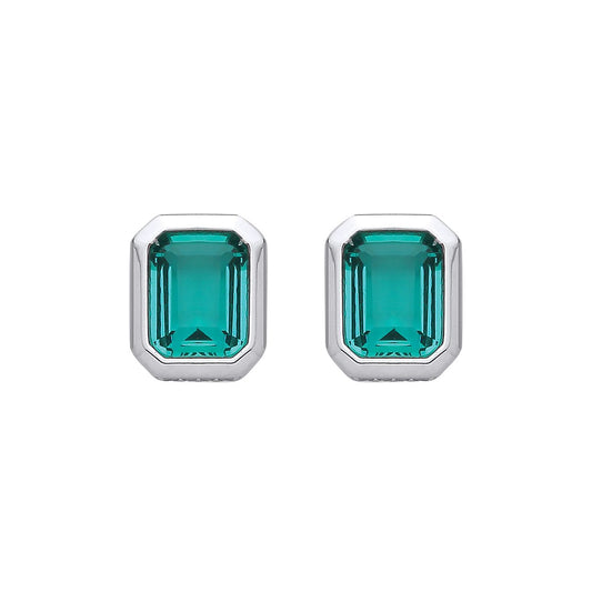Sterling Silver CZ & Emerald Bezel Stud Earrings - EAG1353