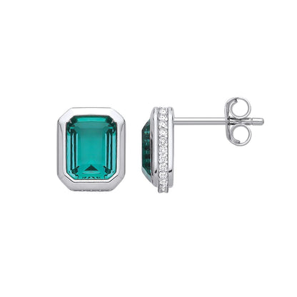 Silver  Green CZ Octagonal Halo Hidden Side Stones Drop Earrings - EAG1353