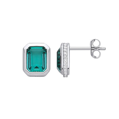 Sterling Silver CZ & Emerald Bezel Stud Earrings - EAG1353