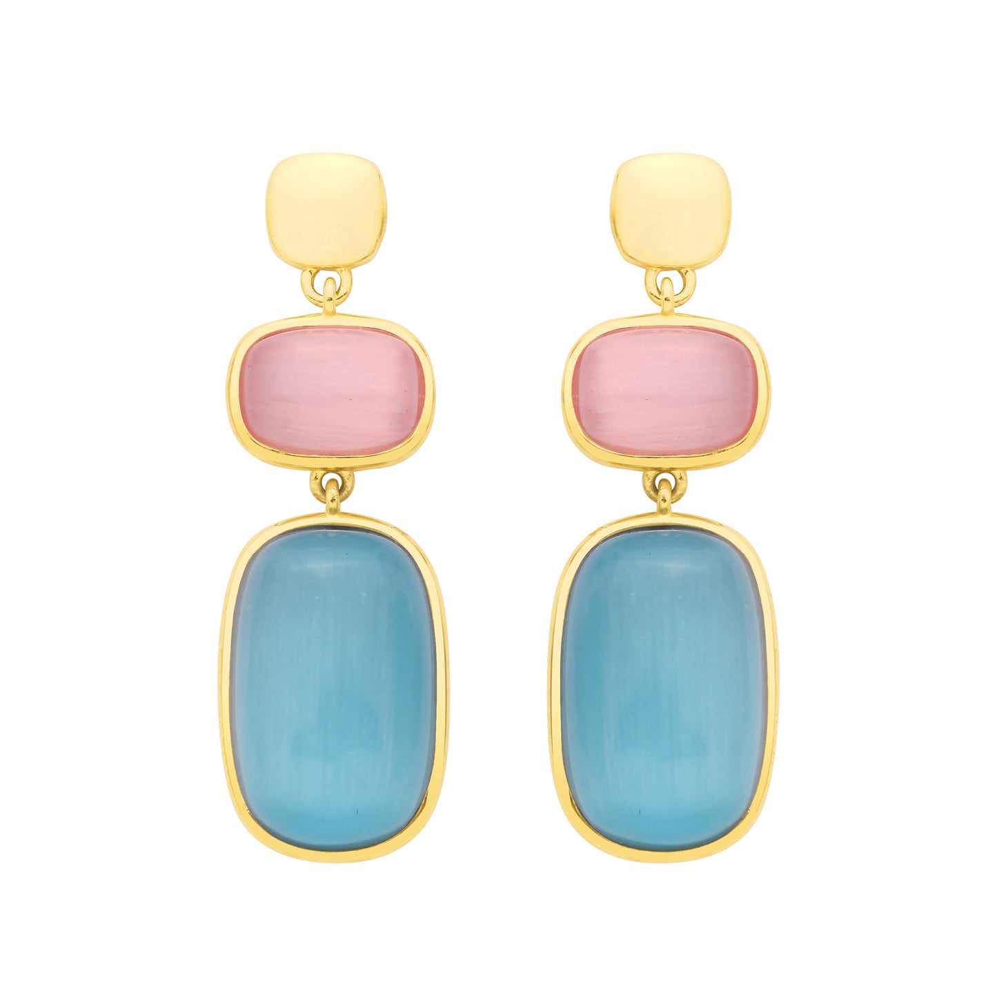 Gold Plated Silver Pink & Blue Chalcedony Gemstone Drop Earrings - EAG1354