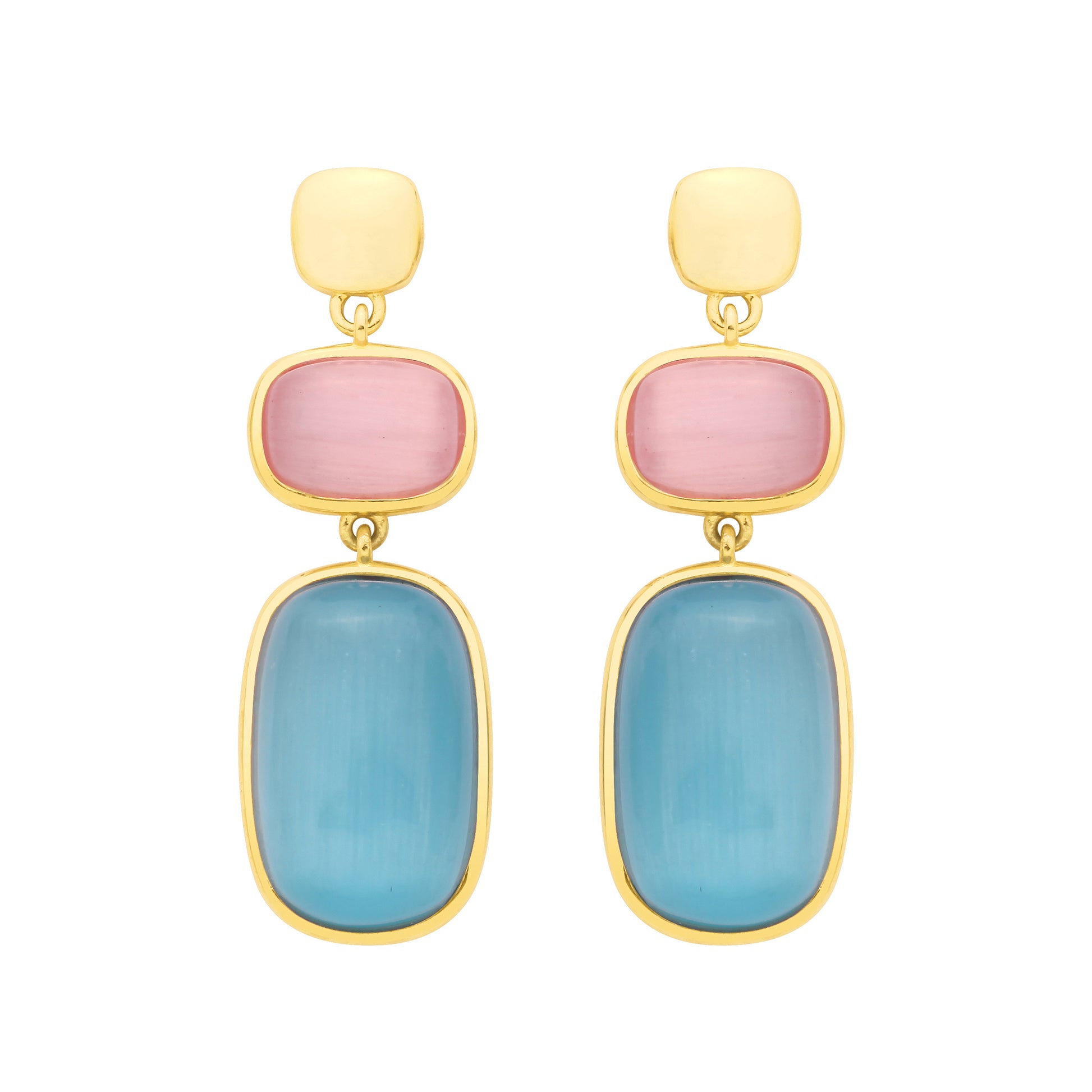 Gold Plated Silver Pink & Blue Chalcedony Gemstone Drop Earrings - EAG1354