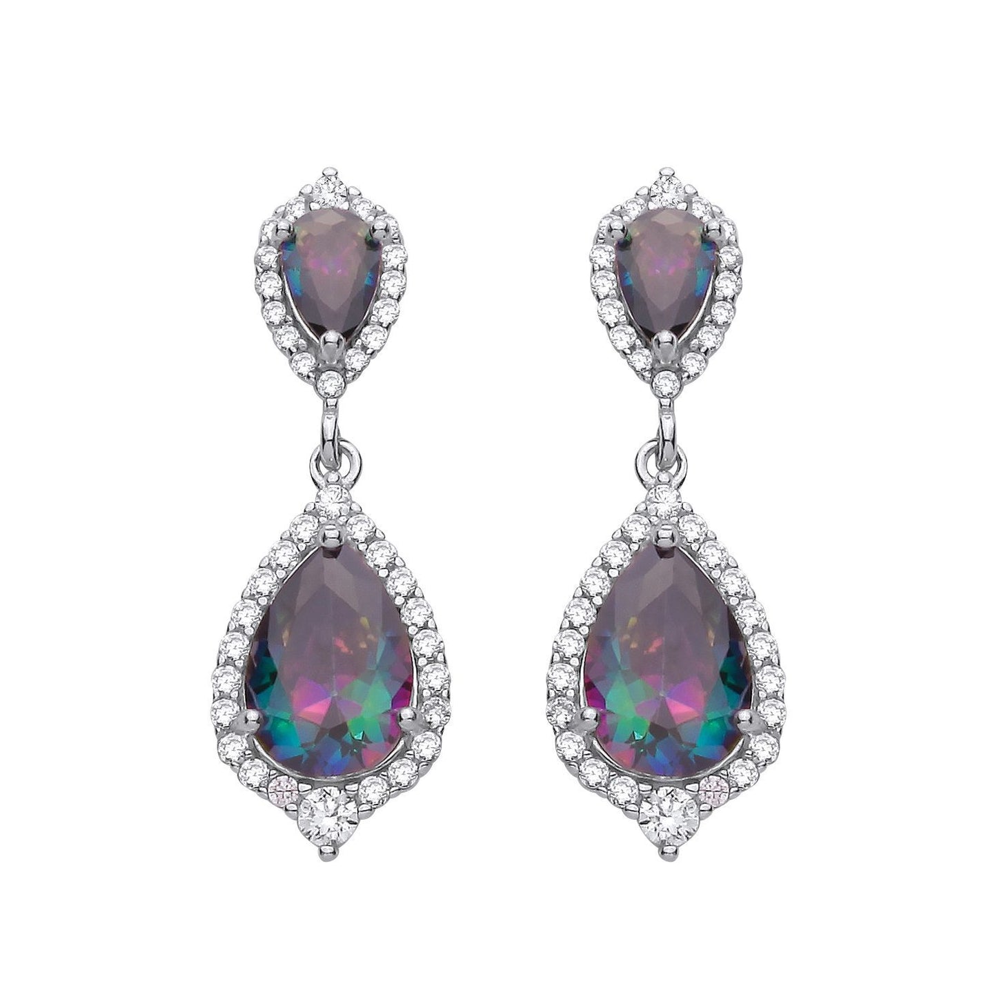 Silver  Rainbow Pear CZ Pear Shield Halo Peacock Drop Earrings - EAG1355