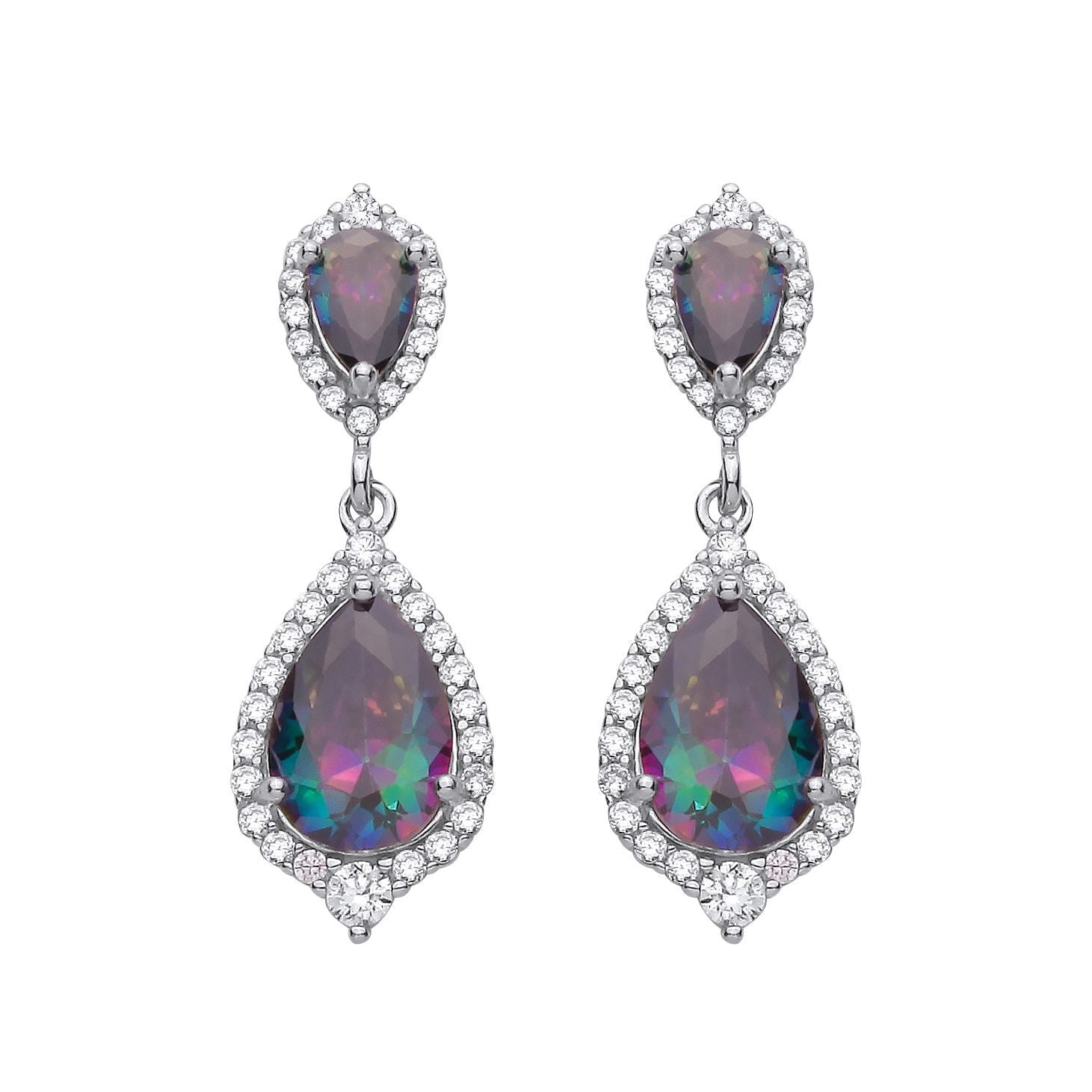 Silver  Rainbow Pear CZ Pear Shield Halo Peacock Drop Earrings - EAG1355