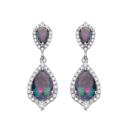 Silver  Rainbow Pear CZ Pear Shield Halo Peacock Drop Earrings - EAG1355