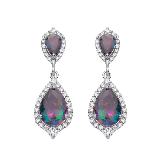 Silver  Rainbow Pear CZ Pear Shield Halo Peacock Drop Earrings - EAG1355