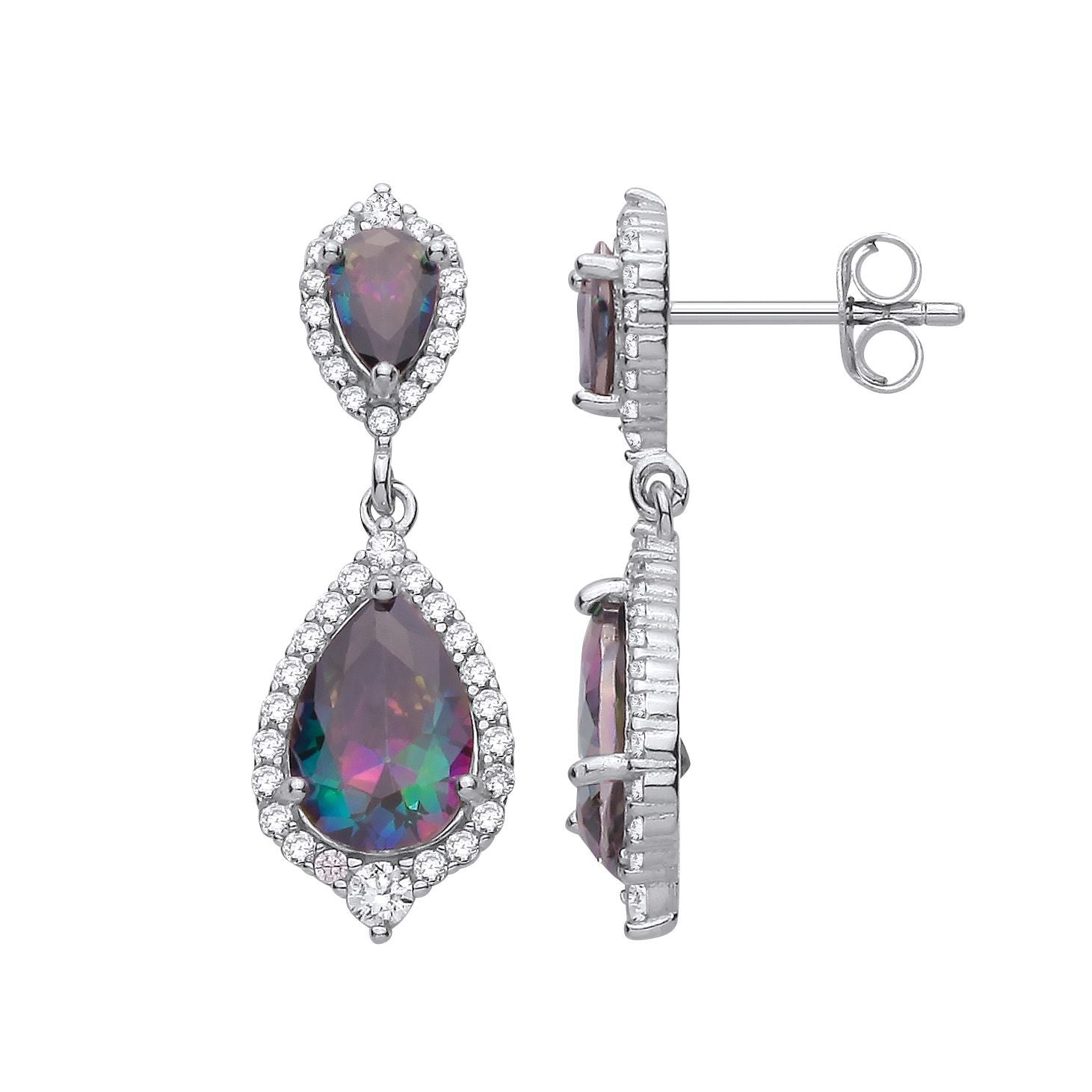 Silver  Rainbow Pear CZ Pear Shield Halo Peacock Drop Earrings - EAG1355