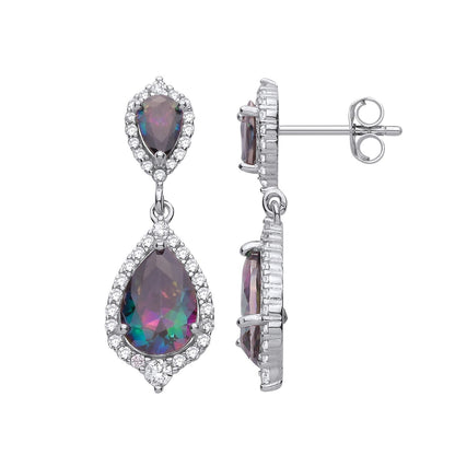 Silver  Rainbow Pear CZ Pear Shield Halo Peacock Drop Earrings - EAG1355