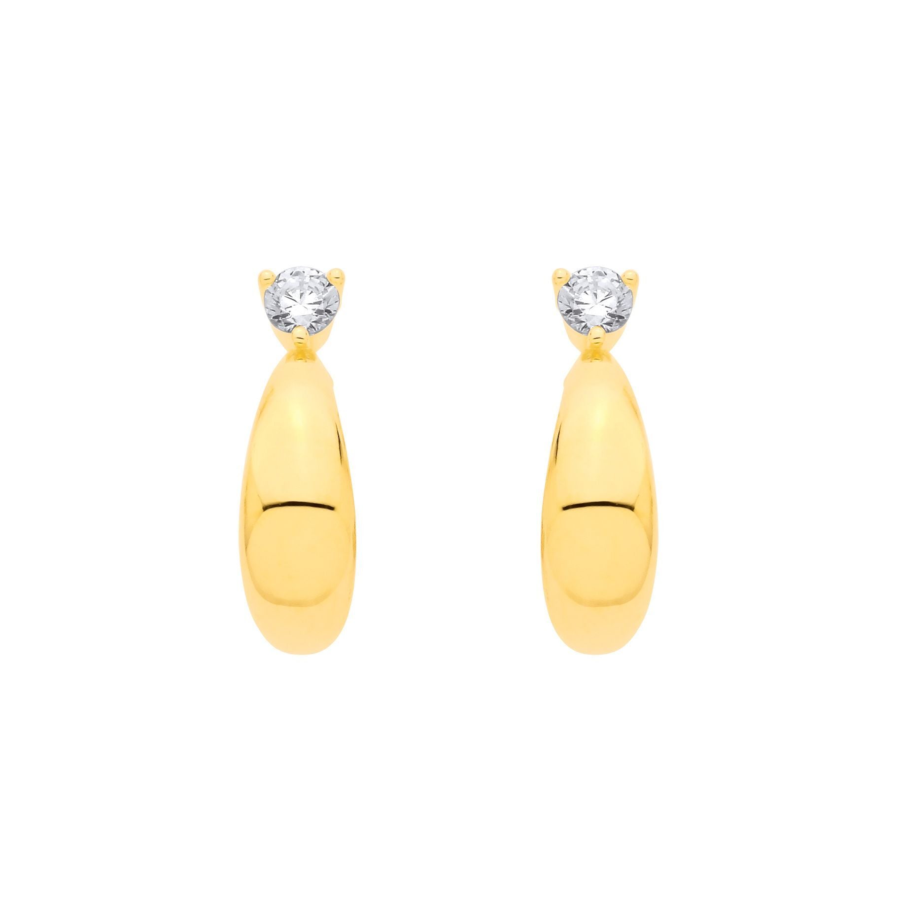 Gilded Silver  CZ Domed Teardrop Solitaire J-Hoop Drop Earrings - EAG1356